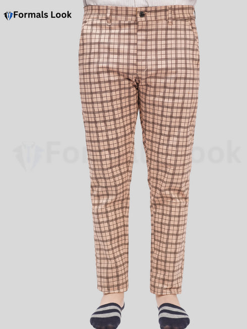 A pair of camel brown, checkered cotton pants for men, displayed against a white background with a text overlay indicating 'FORMALS LOOK'.
